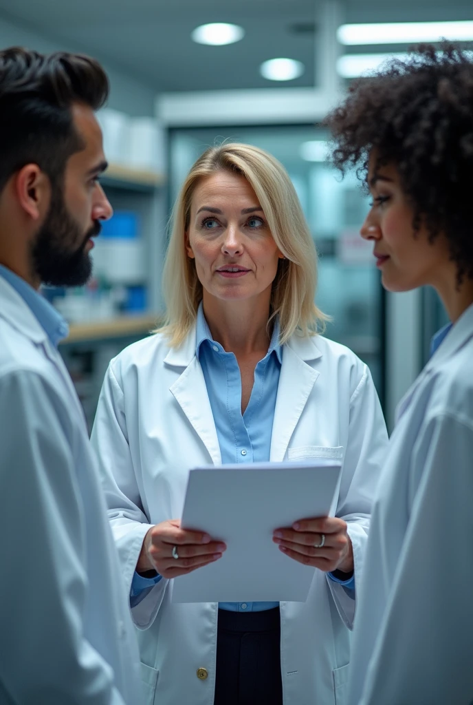 Three people are in the lab, they are wearing lab coats. One of them is mid 50s woman, blonde mid size hair and she is the auditor, holding some documents. One auditee is at early 30s man with dark hair, beard and blue eyes, other auditte is middle 30s woman with dark curly hair.
