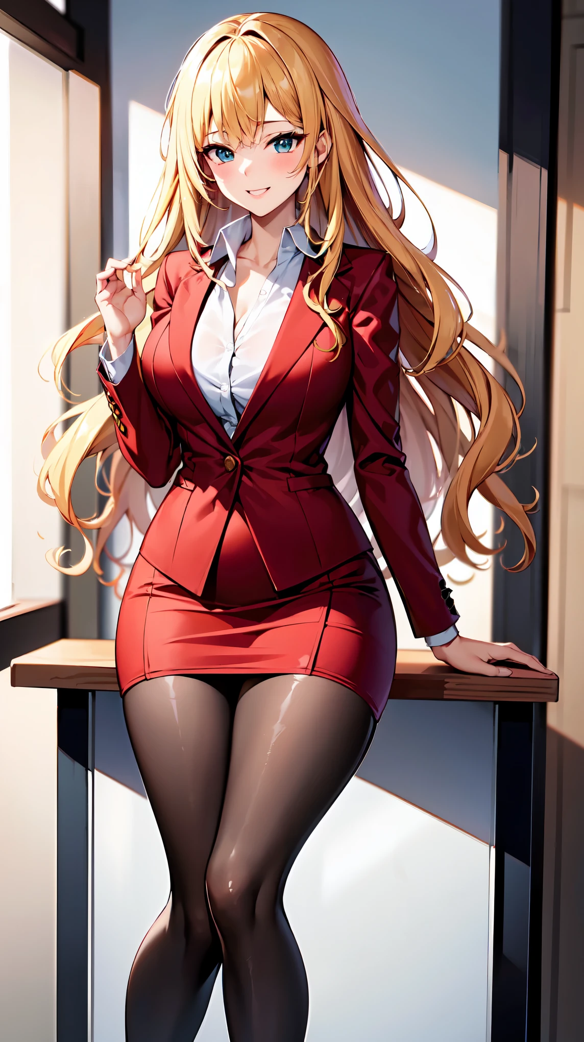 （（super high quality,））（（Ultra-high resolution,））（16K,）（super masterpiece,）（（Ultra HD ,））（Detailed shading,）One sexy office lady, Very wavy long blonde hair,Naked in a red suit,popped Tight collar,Long sleeve,Red tight skirt,Black Stockings,smile,