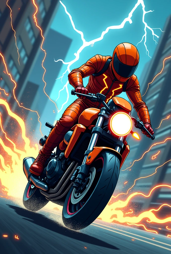 Create a motorcycle courier on your bike with the aggressive cartoon lightning bolt themed outfit with lightning bolts in the background