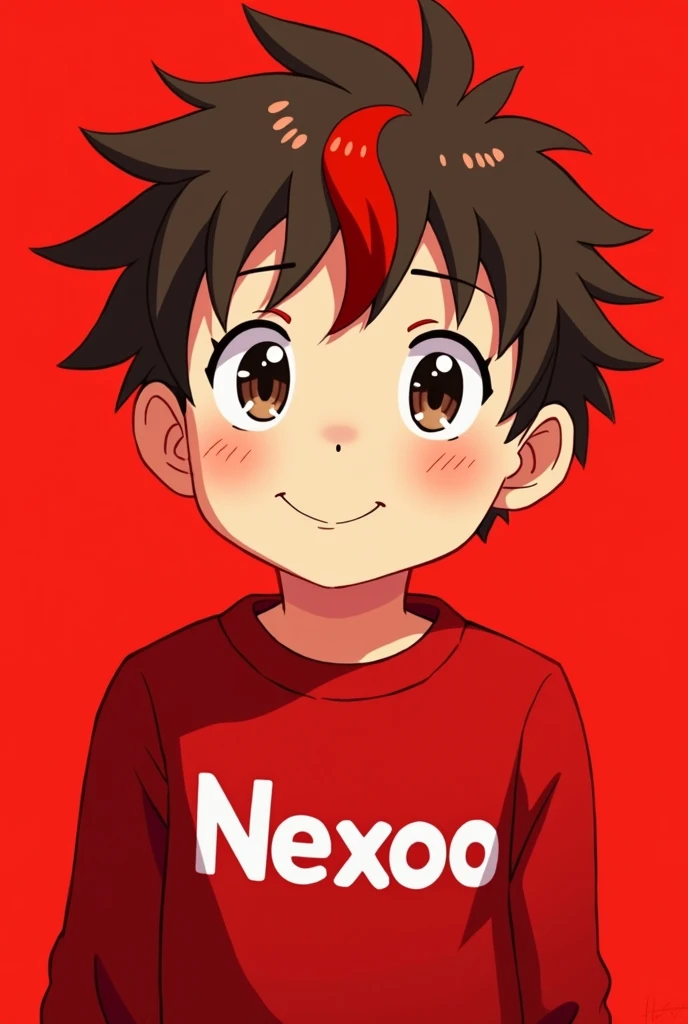 Make me a boy who looks like in anime, he has brown curls and a red stripe in front and the background is red, he should smile and the background should also be red and he has a red sweater with Nexoo written on it in white letters, he should look like in anime