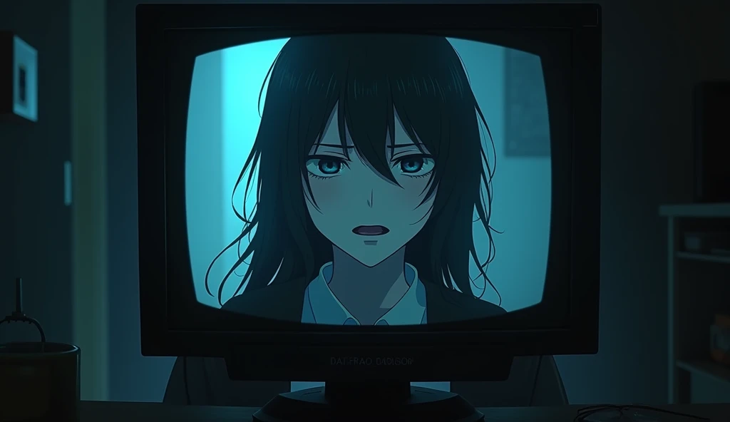 (best quality, masterpiece, ultra detailed), (anime:1.5)、woman is the main character、mysterious、Suspenseful Tone、Dark tones and shadows、A little creepy atmosphere、Surrealism、Dark fantasy、A woman appears on the security room monitor, pleading for something with an evil expression.