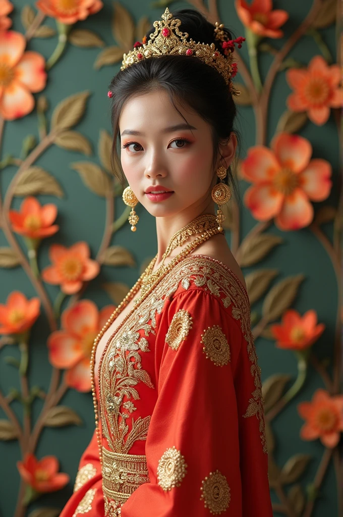 Maximumlism, hyper realistic, vivid colour, full body shot sharp focus digital photo style Thai graphic of a very beautiful ancient teen Thai female slender coquettish wearing a luxury traditional Thai dance costume.full body has a wall paper background of beautiful 3D Thai floral patterns.