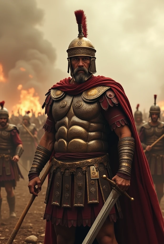 A photo of a Roman legionary warrior in the midst of a battle. He is wearing a helmet and armor and is holding a sword. The backgroundis filled with the chaos of war, with soldiers clashing on an extensive battlefield. The warrior is looking directly at the camera with a serious expression.