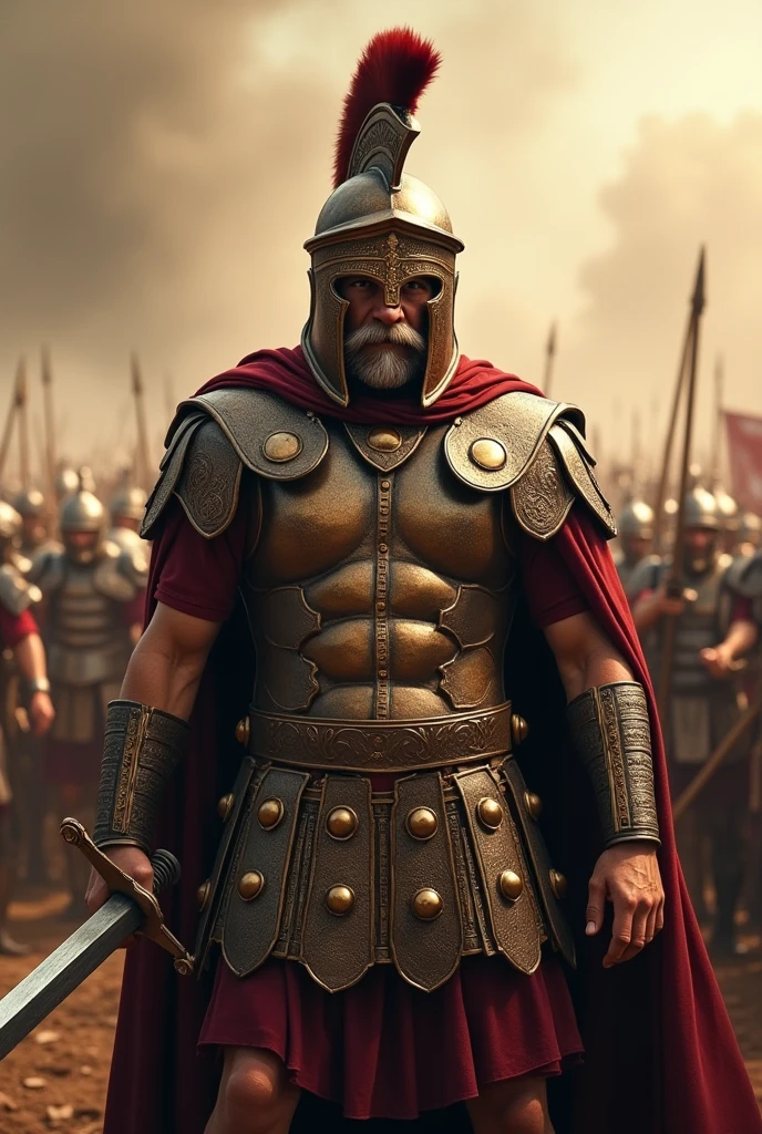 A photo of a Roman legionary warrior in the midst of a battle. He is wearing a helmet and armor and is holding a sword. The backgroundis filled with the chaos of war, with soldiers clashing on an extensive battlefield. The warrior is looking directly at the camera with a serious expression.