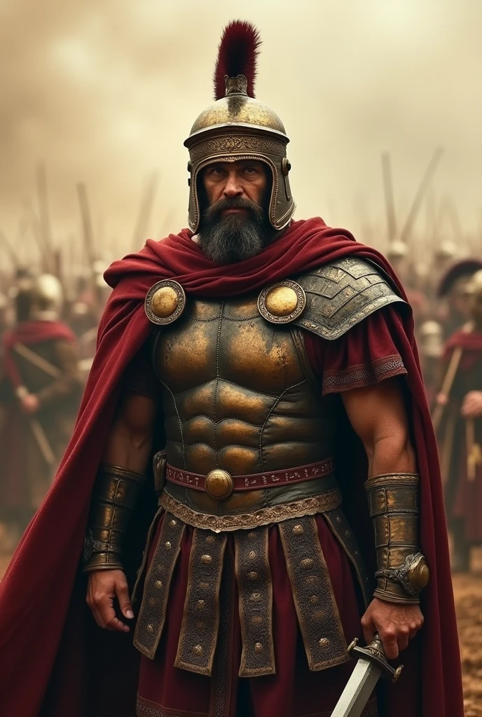 A photo of a Roman legionary warrior in the midst of a battle. He is wearing a helmet and armor and is holding a sword. The backgroundis filled with the chaos of war, with soldiers clashing on an extensive battlefield. The warrior is looking directly at the camera with a serious expression.