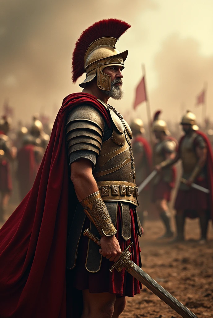 A photo of a Roman legionary warrior in the midst of a battle. He is wearing a helmet and armor and is holding a sword. The backgroundis filled with the chaos of war, with soldiers clashing on an extensive battlefield. The warrior is looking directly at the camera with a serious expression.