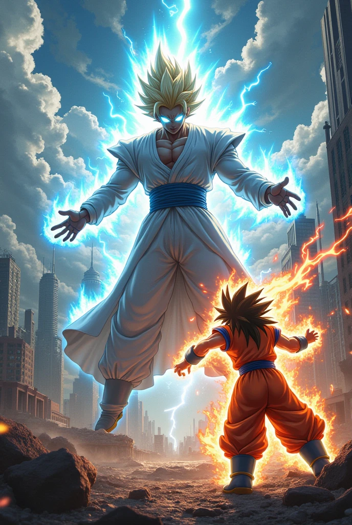 saturo gojo fighting with goku in the sky in a city destroyed