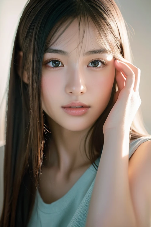 Very detailed, Realistic image of a Japanese girl with long black hair, Wearing a sleeveless camisole, And a dark look. The artwork must capture the exquisite detail in her eyes, nose, And lips, Highlight the beauty. Images should be of the highest quality and highest resolution possible (8k) To showcase complex brush strokes and textures. The lighting should be soft and diffused, A gentle glow on the girl's face, Add depth and realism to your artwork. The color palette should be calm and harmonious., A touch of soft pastel tones enhances the melancholic atmosphere. Style、It should combine realistic portraiture with a subtle photorealistic aesthetic。, Lifelike details.Full body angle、Front facing