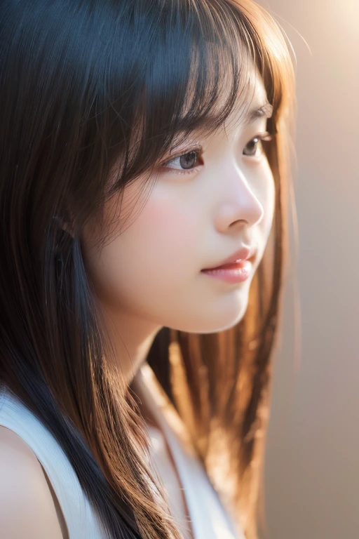 Very detailed, Realistic image of a Japanese girl with long black hair, Wearing a sleeveless camisole, And a dark look. The artwork must capture the exquisite detail in her eyes, nose, And lips, Highlight the beauty. Images should be of the highest quality and highest resolution possible (8k) To showcase complex brush strokes and textures. The lighting should be soft and diffused, A gentle glow on the girl's face, Add depth and realism to your artwork. The color palette should be calm and harmonious., A touch of soft pastel tones enhances the melancholic atmosphere. Style、It should combine realistic portraiture with a subtle photorealistic aesthetic。, Lifelike details.Full body angle、Front facing