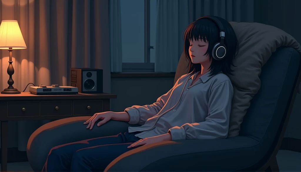 night、Listen to music in a cozy room, Use headphones, 2D Style Anime, Lo-Fi, hard disk, Dark Environment