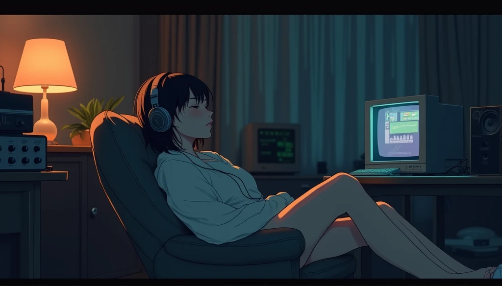 night、Listen to music in a cozy room, Use headphones, 2D Style Anime, Lo-Fi, hard disk, Dark Environment