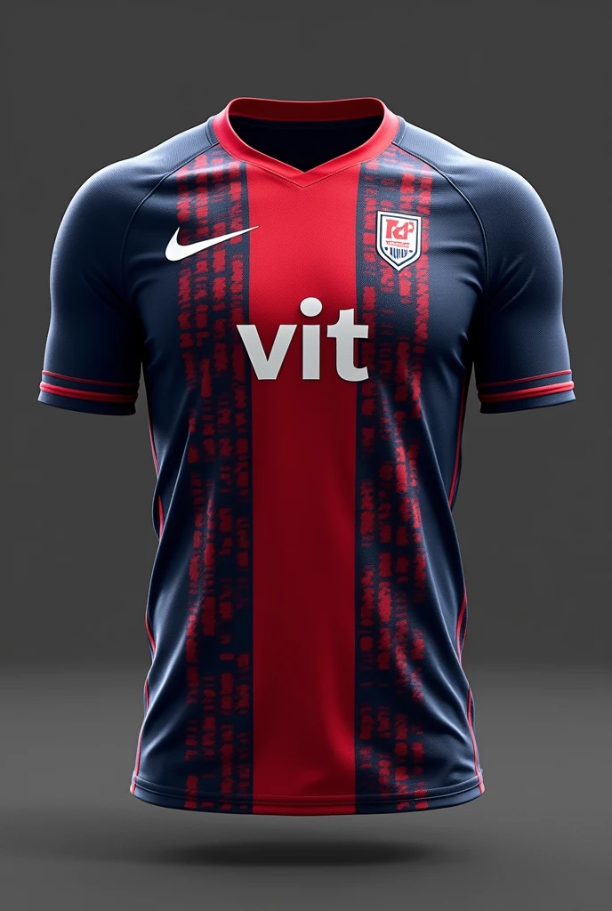 Generate 10 football jersey designs in red and dark blue colours with 'VIT' logo on the chest with unique pattern
