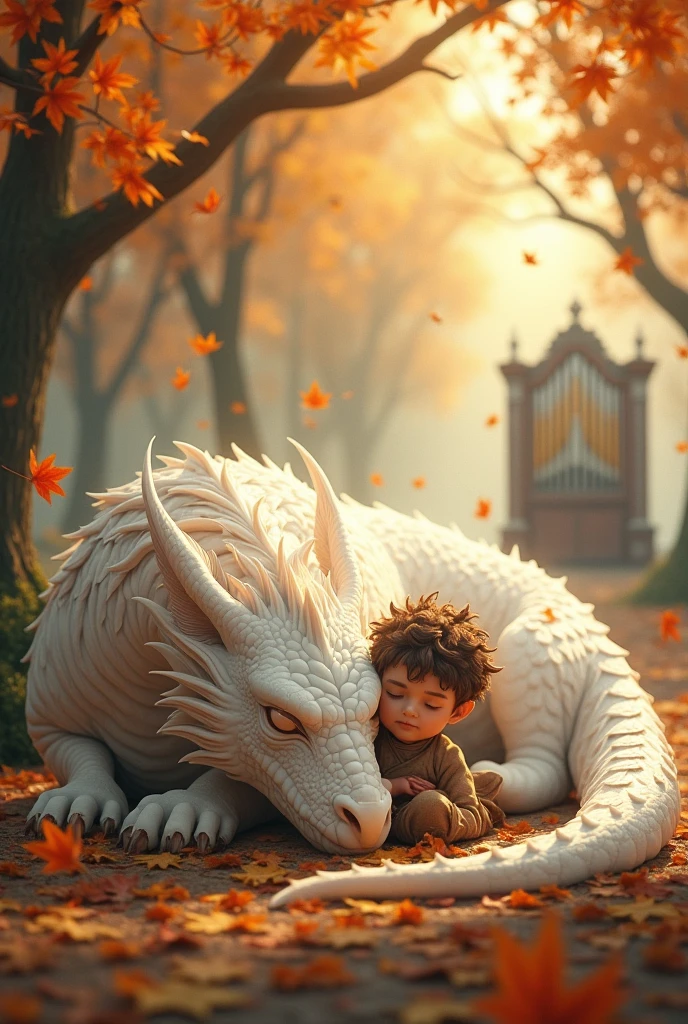 The sleeping white dragon and the boy,Leaves flying,Warm light base,organ