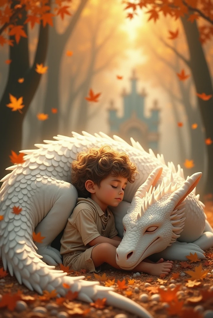 The sleeping white dragon and the boy,Leaves flying,Warm light base,organ
