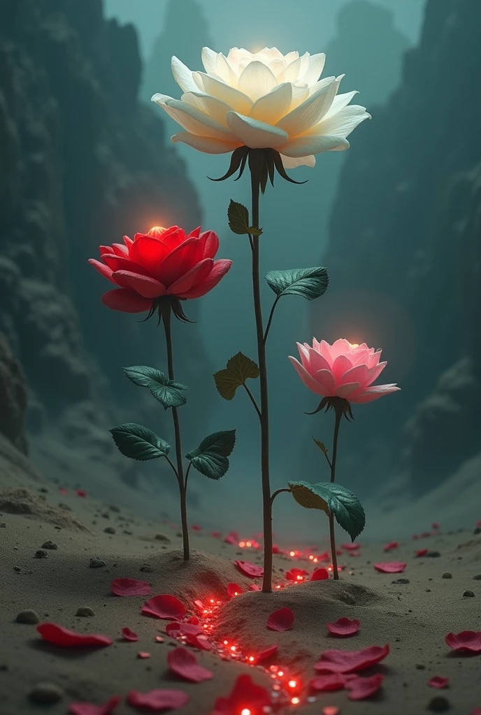 3 flowers(one red one pind one white) standing in arid desert, nightmare view darkness everywhere. The white rose stand strong the biggest between the trio. The pink rose are little but she the source of light in this darkest and nightmare scene. The red rose are the most beautiful and her petal draw a path in this desert night mare scene. Dreamlike view