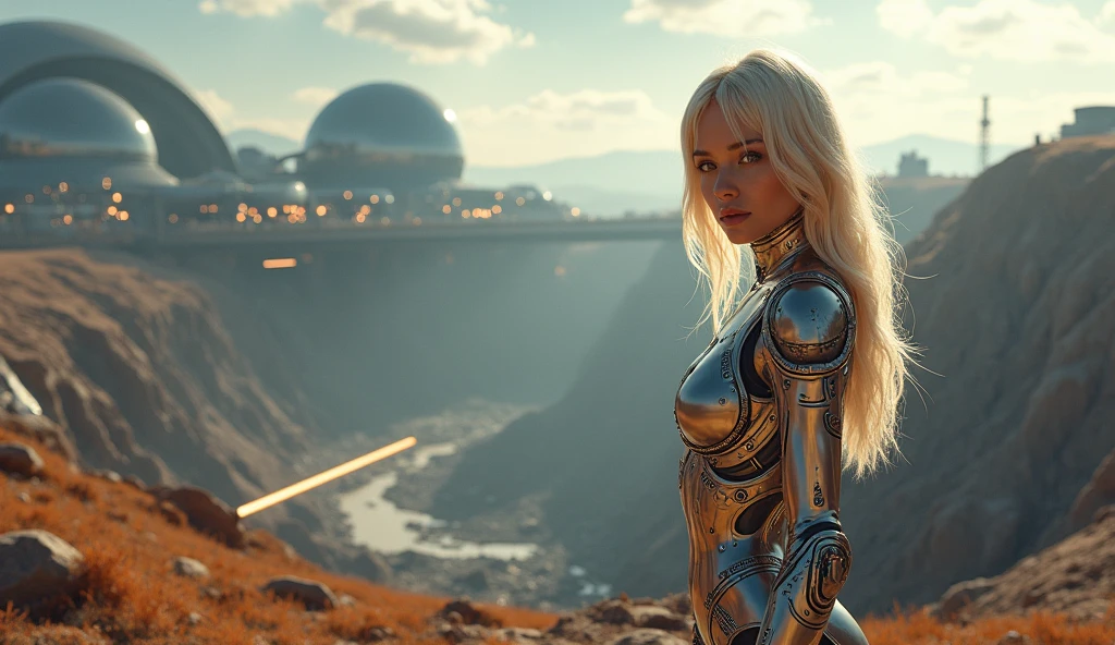 Realistic 16K resolution red blue colors tone photography of A breathtaking landscape on a planet in the Orion constellation, where gigantic mechanical are mining iron silver ore from a huge mine. Surrounding futuristic domes, curvilinear structures, while meteors intermittently streak across the sky. 1 blonde girl, wearing intricate high-tech bodysuit covering her entire body with biomechanical style, intricate mechanical details, glowing cybernetic enhancements, break, 1 blonde girl, full body shot, Exquisitely perfect symmetric very gorgeous face, Exquisite delicate crystal clear skin, Detailed beautiful delicate eyes, perfect slim body shape, slender and beautiful fingers, legs, perfect hands, legs, illuminated by film grain, realistic style, realistic skin texture, dramatic lighting, soft lighting, exaggerated perspective of ((Wide-angle lens depth)), Fantasy, extreme detail description,