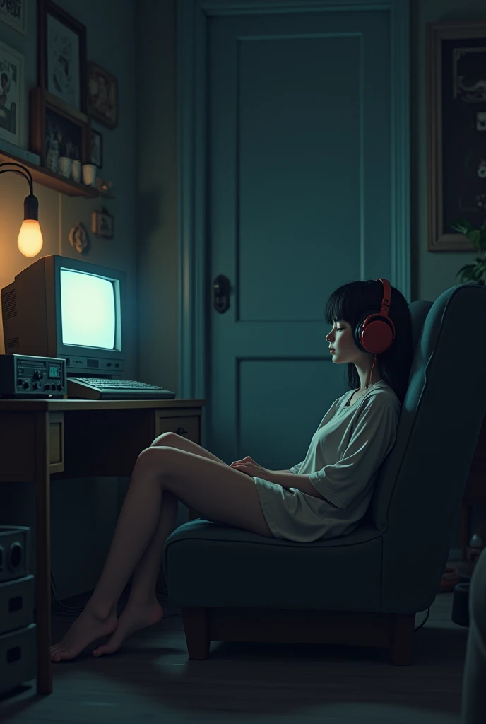 night、Listen to music in a cozy room, Use headphones, 2D Style Anime, Lo-Fi, hard disk, Dark Environment