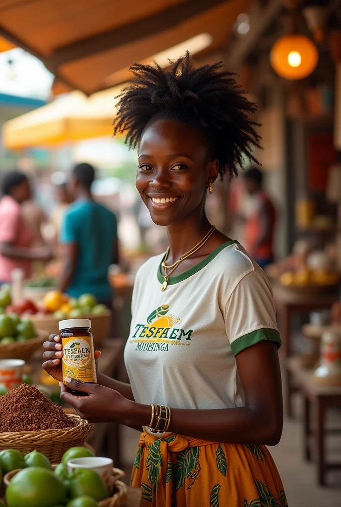 Beautiful african woman wearing tesfalem moringa t-shirt & selling moringa poweder in bazaar tesfalem moringa brand