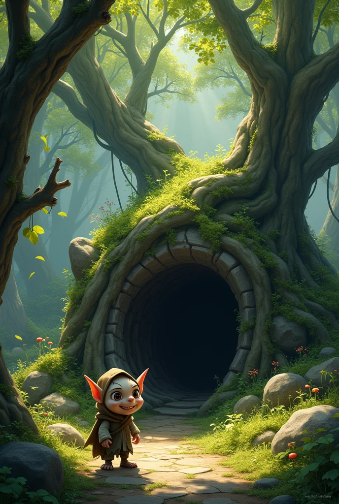 Cave surrounded by trees and a goblin at the entrance of the cave