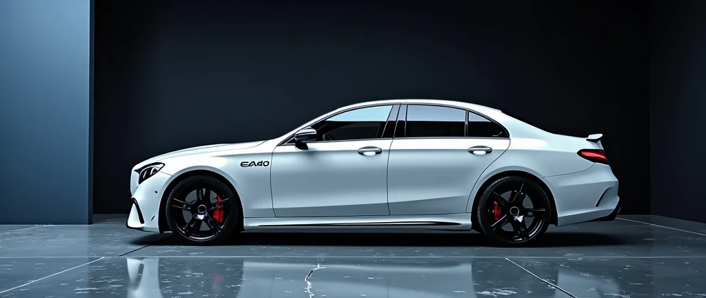 a large-format professional photo where a white Mercedes E63 AMG car stands in one corner and there is nothing in the other, on a black and blue background