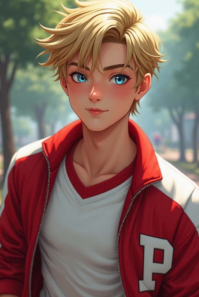 He is a teenager with an athletic male body, straight blond hair and a haircut swept to the side, which is a great charm for women., piercing gaze and the color of his blue eyes picina, and with impeccable posture and wears a uniform with red and white on the team jacket and an acronym of the school name is the letter P for team like the United States, but he likes to run after those who don't want him!. Show me in a more realistic way.