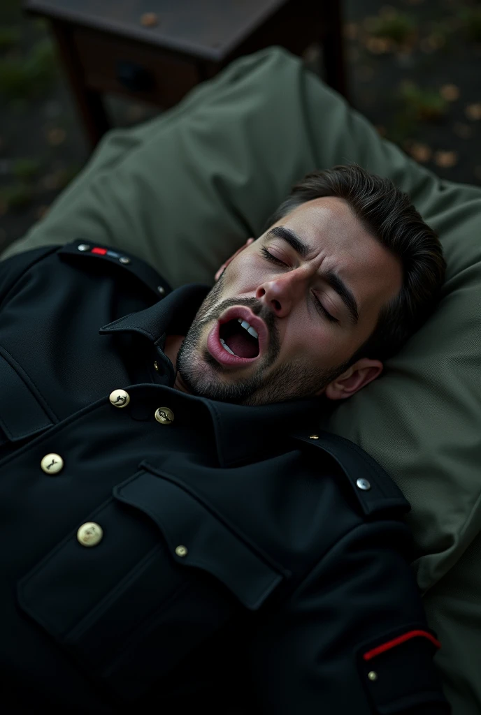 Serbian soldier in black uniform sleeping with mouth wide open