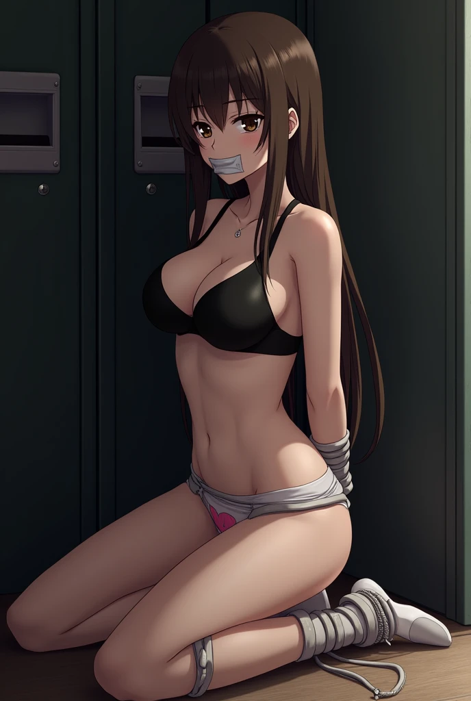 sekijou sawako, shibari, bondage, bound,  brown eyes, brown hair, long hair, black eye glasses, stripped, best quality, ultra-detailed, high resolution, extremely detailed cg, unity 8k wallpaper, masterpiece, perfect body, anime picture, femsub, BDSM, white panty with 3 pink hearts design, black bra, small breasts, at night, kneel, on floor, dark room, teary-eyed, tape gagged, duct tape, Sekijou Sawako, gym storeroom, arms behind back, wrist tied up behind her back, legs closed, tied up ankle, bracing