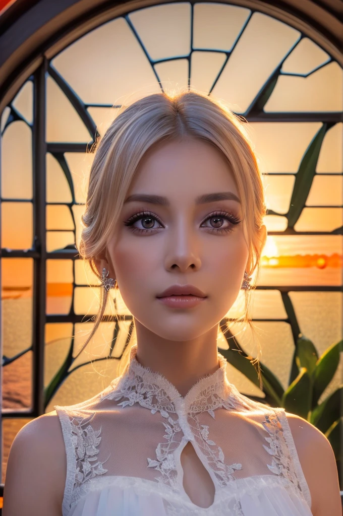 masterpiece, extremely detailed, photorealistic portrait of a stunningly beautiful woman with detailed make-up, extremely detailed eyes, detailed symmetric realistic face, extremely detailed natural texture, ((Beautiful woman watching the sunrise through a large window:1.5)), white dress, longhair, white hair,