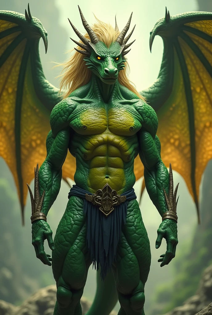 ### **shape**:
- **Physical characteristics**: Approximately 6 feet 5 inches tall, with a strong body and prominent muscles. The skin is emerald green or golden yellow like dragon scales. **wing**: มีwingที่สามารถยุบและขยายได้อยู่ที่หลัง ซึ่งเมื่อยุบจะเก็บอยู่ในshapeของแผ่นเกราะที่ปิดwing
- **Hair and eyes**: The hair is golden or dark green and the eyes look like those of a dragon. (Fluorescent yellow or green)
### **habit**:
- **dignified**: มีท่าทางdignifiedและความเชื่อมั่นในตัวเองสูง เป็นผู้นำที่มีปัญญาและมีความรู้ลึกซึ้ง
- **bountiful**: Despite being very powerful, he has a gentle heart and helps others. - **Respect**: มีRespectต่อธรรมชาติและสรรพสิ่ง และเชื่อในการรักษาสมดุลของโลก