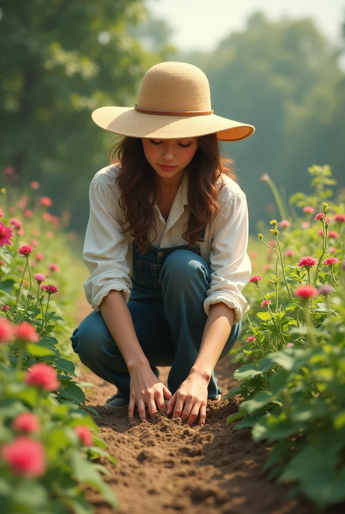 Portray the young woman gardening in the countryside. She is dressed in practical 1980s gardening clothes like overalls and a gardening hat. Show her in a serene setting with long shadows from the trees and flowers, emphasizing her connection with nature. Use soft, natural light to highlight her figure amidst the vibrant garden.