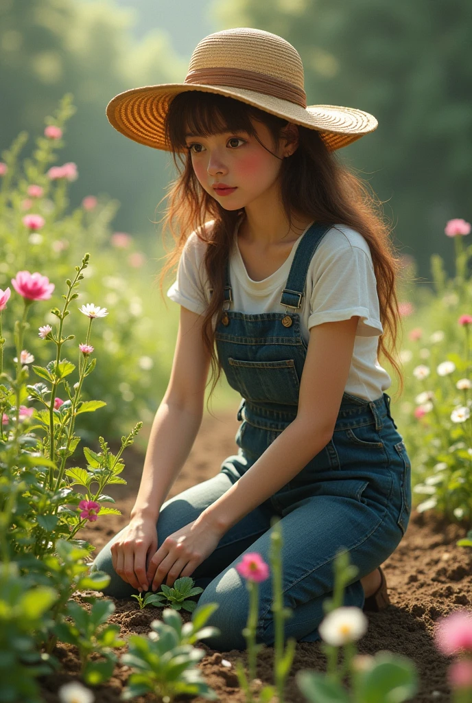 Portray the young woman gardening in the countryside. She is dressed in practical 1980s gardening clothes like overalls and a gardening hat. Show her in a serene setting with long shadows from the trees and flowers, emphasizing her connection with nature. Use soft, natural light to highlight her figure amidst the vibrant garden.