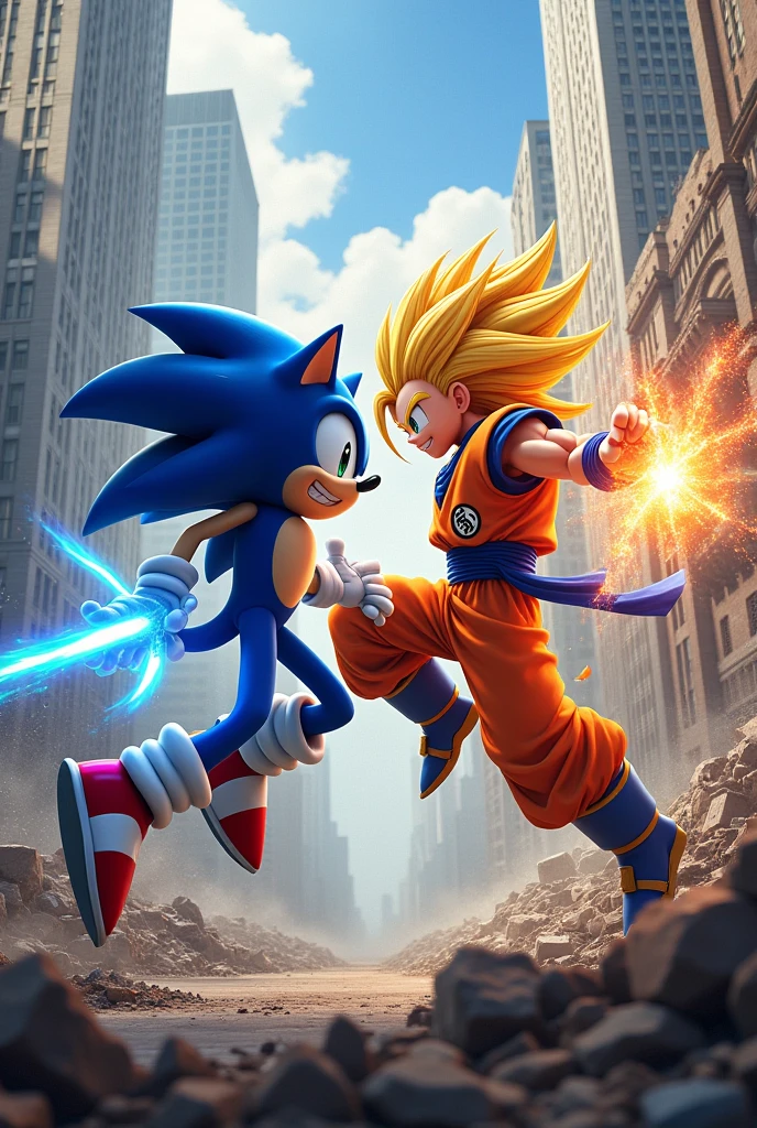 sonic fighting with goku in the sky in a city destroyed