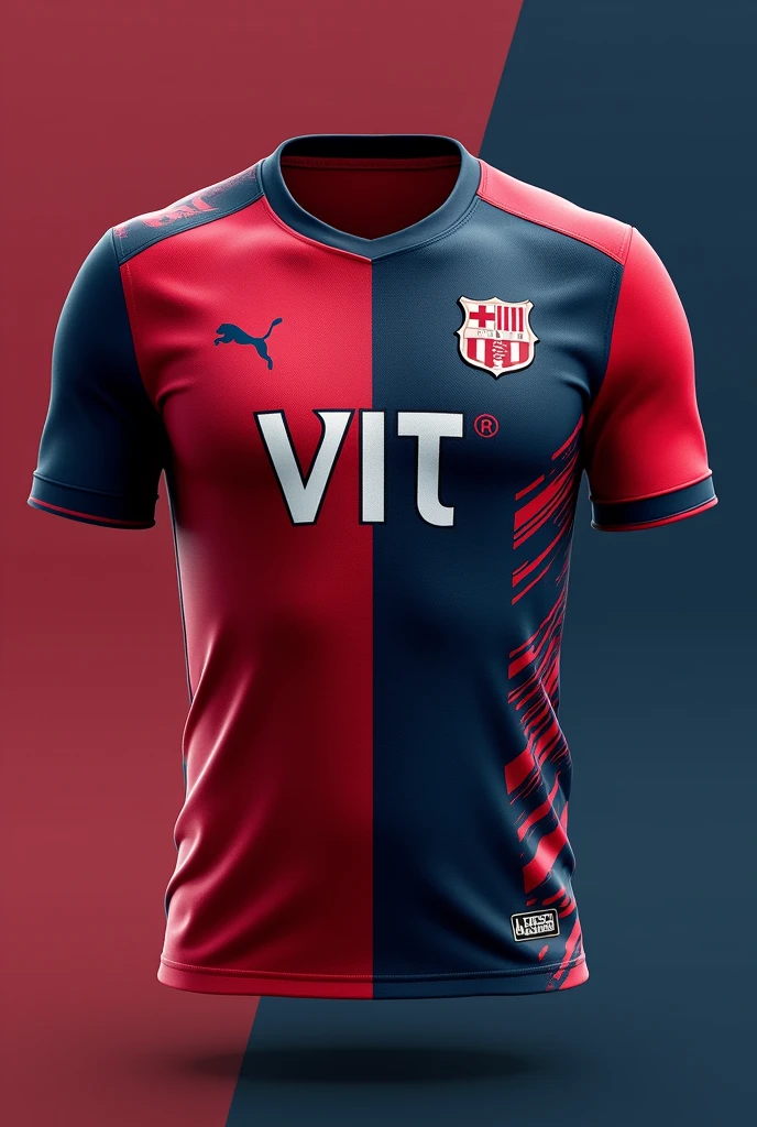 Generate 10 football jersey designs in red and dark blue colours with 'VIT' logo on the chest with unique pattern