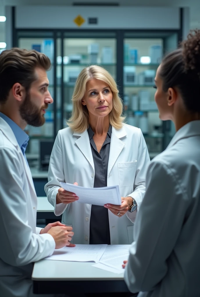 Three people are in the lab, they are wearing lab coats. One of them is mid 50s woman, blonde mid size hair and she is the auditor, holding some documents. One auditee is at early 30s man with dark hair, beard and blue eyes, other auditte is middle 30s woman with dark a little bit curly hair, not afro
