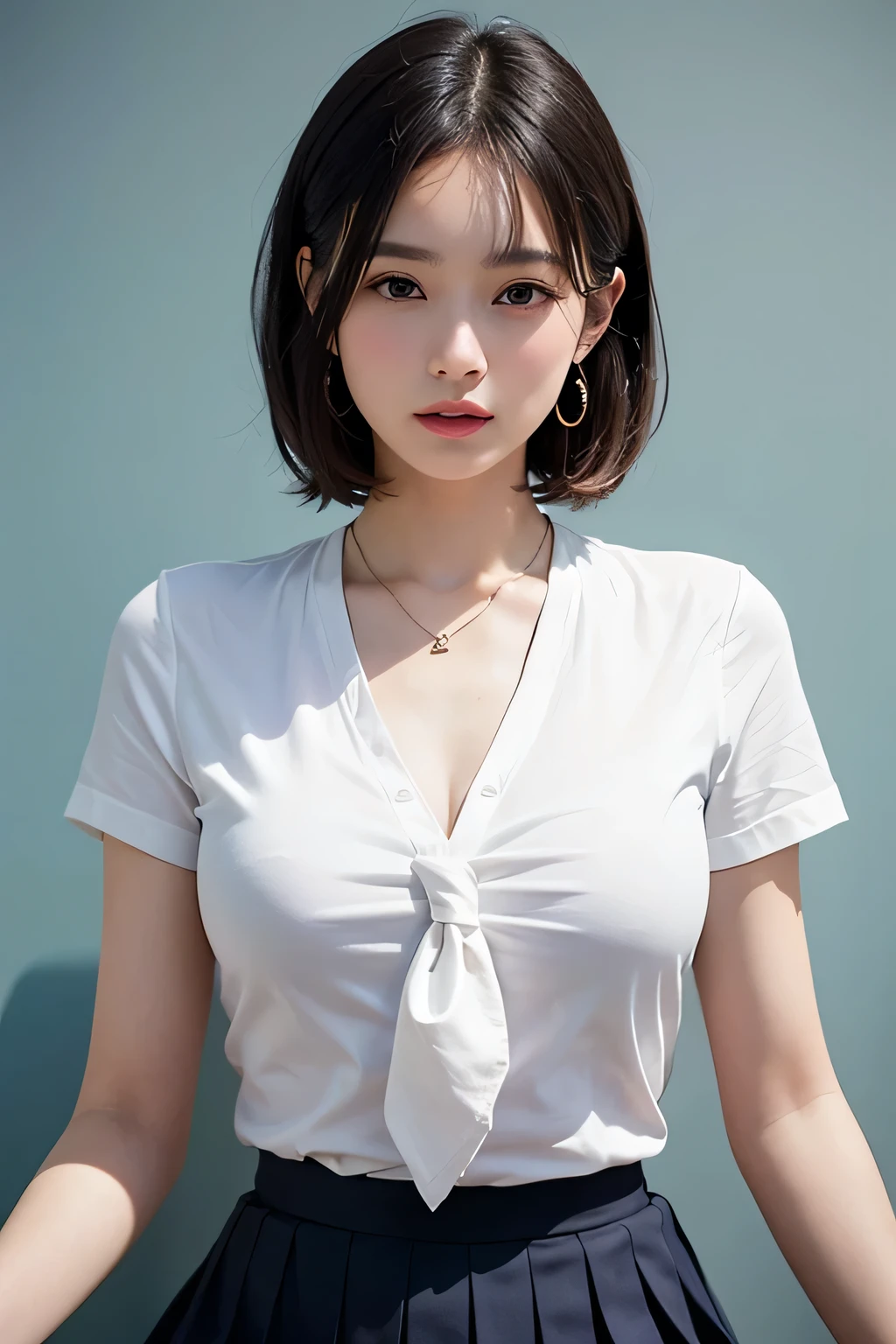 (High resolution、8k:1.3)、masterpiece、(Ultra-realistic as a photo:1.3)、、sexly、Very nice finish、Slender figure、Sharp focus, Ultra High Resolution Face、Highest quality、The face is in focus、Ultra high definition and beautiful eyes、Eyes are symmetrical、High quality and beautiful skin、Firm Skin、Japanese, thin、very cute、、(white short sleeve shirt、Pleated skirt、Ultra mini skirt), Sitting、sexly、Earrings、necklace、Light blue wall、Natural Makeup, (blush:1.3), (Embarrassing:1.3)、(View your audience:1.3)，short hair, Messy Hair、Navy blue tie、White collared short sleeve shirt、Sitting on a chair、sexly、
