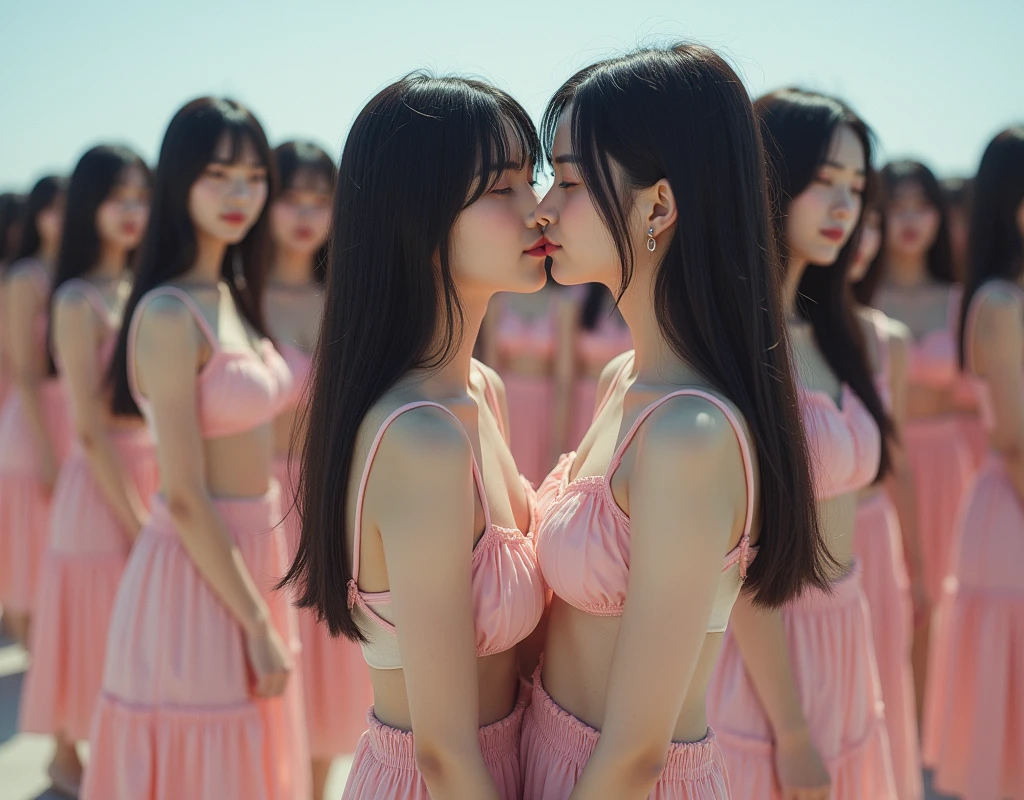 Two schoolgirls,narrow, angry look,stare, equivalent height,In narrow train,black and blonde hair,Facing each other and staring,The two bodies are close to each other,kiss, Picture of two people、Holding and facing each other、Photograph of two people facing each other、Push each other、Stick your and together、Bare、sweaty,the two eighteen-year-old girls found themselves pressed against each other, their bodies close enough to feel the heat radiating between them. One girl was pinned against the wall, surrendering to the other's touch. stuffy kiss staring, close-up upper bodies