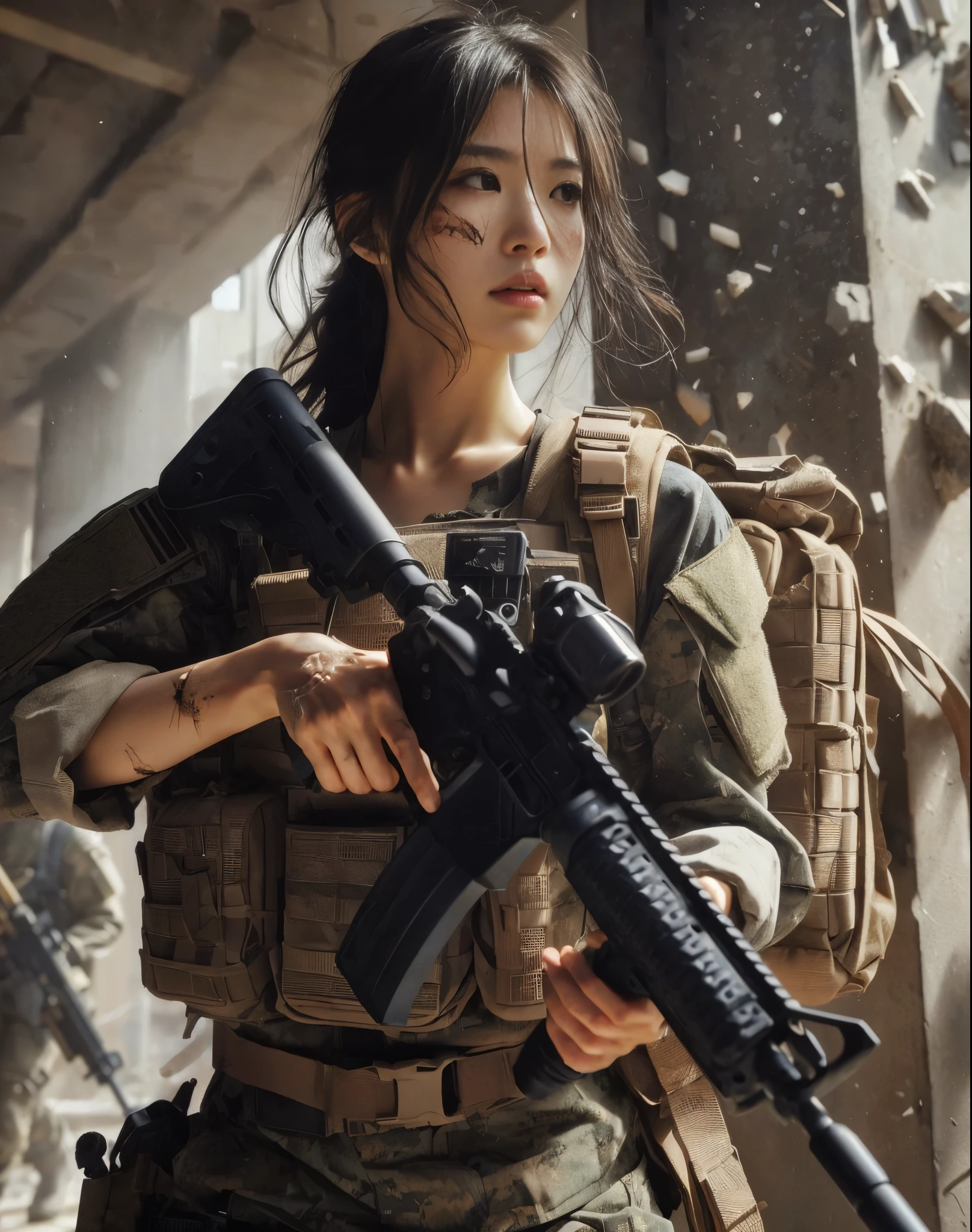 8K, realistic photo, realistic skin texture, Beautiful Japanese women in the US military、Outside the building、explosion、Close call、Walls bursting with debris、They are shouting to evacuate immediately.、Automatic rifle、Bulletproof vest、Back Back、boots、Covered in scars、Grim expression、Dynamic pose、Innovative composition、Dust is flying、傷だらけ