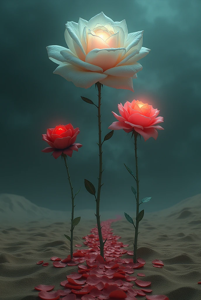 3 flowers(one red one pind one white) standing in arid desert, nightmare view darkness everywhere. The white rose stand strong the biggest between the trio. The pink rose are little but she the source of  light in this darkest and nightmare scene. The red rose are the most beautiful and her petal draw a path in this desert night mare scene. Dreamlike view