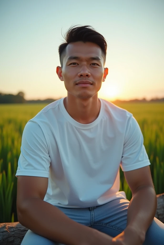 A 40-year-old Thai man wearing a white e-sports T-shirt with medium muscles sits on a log, facing forward, with large, gentle eyes.,Green rice fields in the back, During sunset, 8k Selfie photograph, Selfie photo, During sunset ท้องฟ้าสีฟ้าใสสะอาด มีแสงอ่อนนวลสายตา