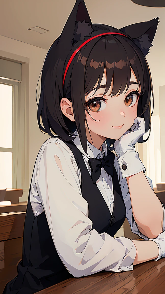 masterpiece, best quality, absurdres, score_9, score_8_up, score_7_up, source_anime, 1girl, deep brown eyes, room, wariza, medium hair, pixie bob haircut, black hair, happy face, portrait, blazer, starshadowmagician, solo, Adult woman, best perfect anatomy, Pose with hands tucked behind ears, Cheek resting on hand, cafe, indoors, window, crowd, standing, steam, looking at viewer, cat ears headband, white shirt, black tie, format black vest, Long-sleeved shirt, white format gloves, black trousers, dynamic angle. perfect dynamic composition, upper body, smile, Shooting up close, Shooting from the side, hanging light, ceiling light, potted plant, background: cafe,