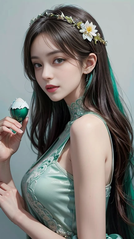 Toile tulle flower egg shell colour, egg plant colour and emerald green colour, Closeup of beautiful and highly detailed manicured hands holding a flower, a stunningly beautiful smiling sophisticated golden-eyed woman’s face, Toile tulle flower in egg shell colour, egg plant colour and emerald green colour accents, side angle, surrounded by Toile tulle flower egg shell colour, egg plant colour and emerald green colour effect, model makeup, smokey eyes, smooth flawless pale skin, stunning colour gradation between egg shell colour, egg plant colour and emerald green colour, perfectly intricate and highly detailed, outstandingly perfectly beautiful.