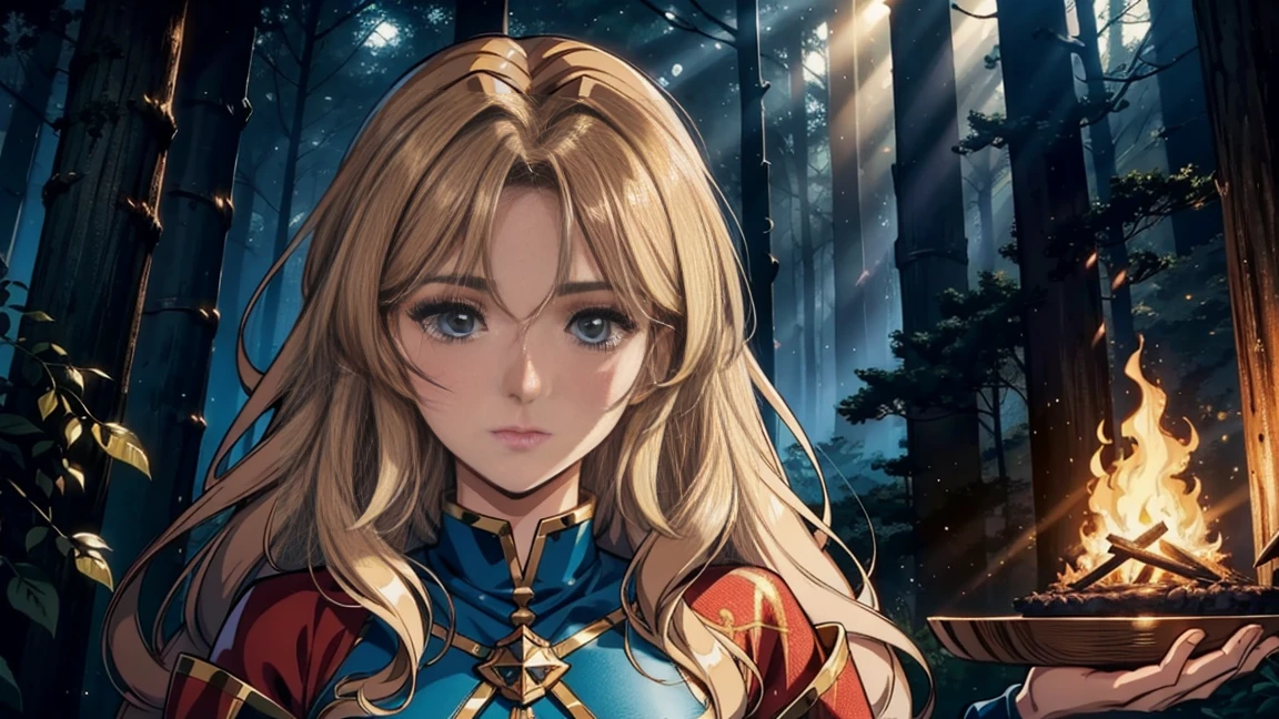 An beautiful wizard woman,full body, Game Art Style, (masterpiece), highest quality, High resolution, 4k, 8K, Detail view, intricate details, cinematic lighting, amazing quality, wizard,golden brown long hair, great shading, soft lighting, Face-to-face camera, perfect eyes,Bonfire,night forest, Preparing
