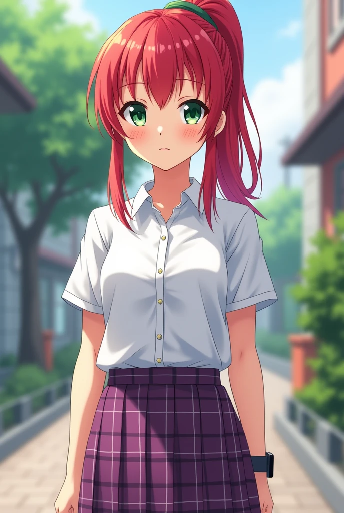 Une lycéenne d'anime aux cheveux roux et coiffés en queue de cheval haute, sans frange. Elle porte pour uniforme une chemise blanche, une jupe violette à carreaux . Elle se tient droit et de face. Elle a l'air intelligent, elle a des tâches de rousseurs et les yeux verts. Elle porte une Apple Watch.