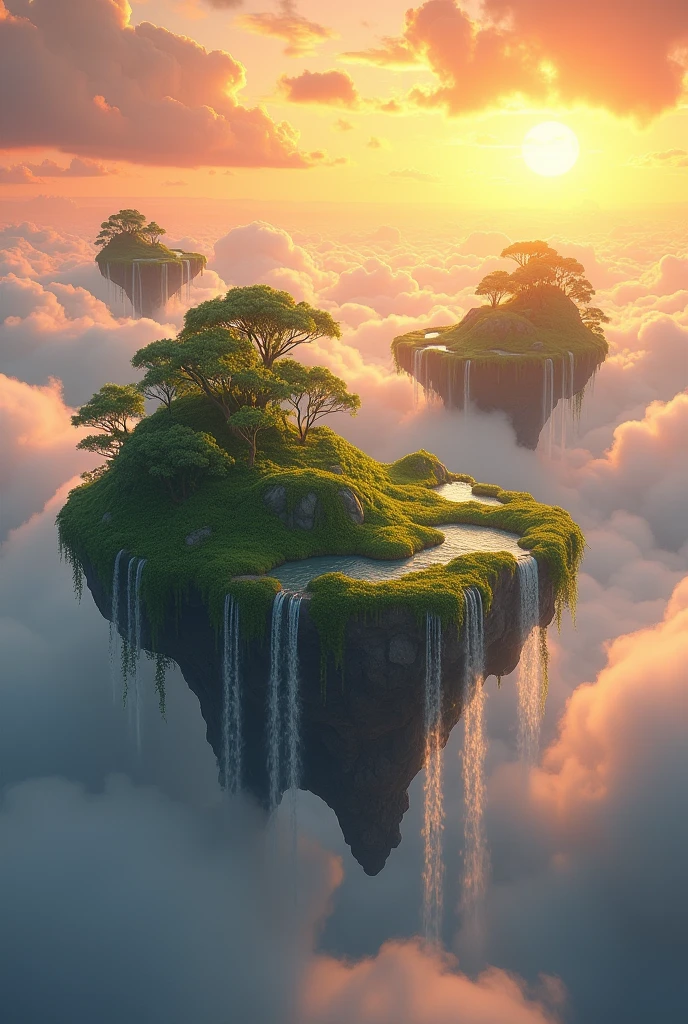 Dreamlike floating islands drift in a sky painted with warm hues of a setting sun. The islands have lush greenery and waterfalls cascading into the clouds below