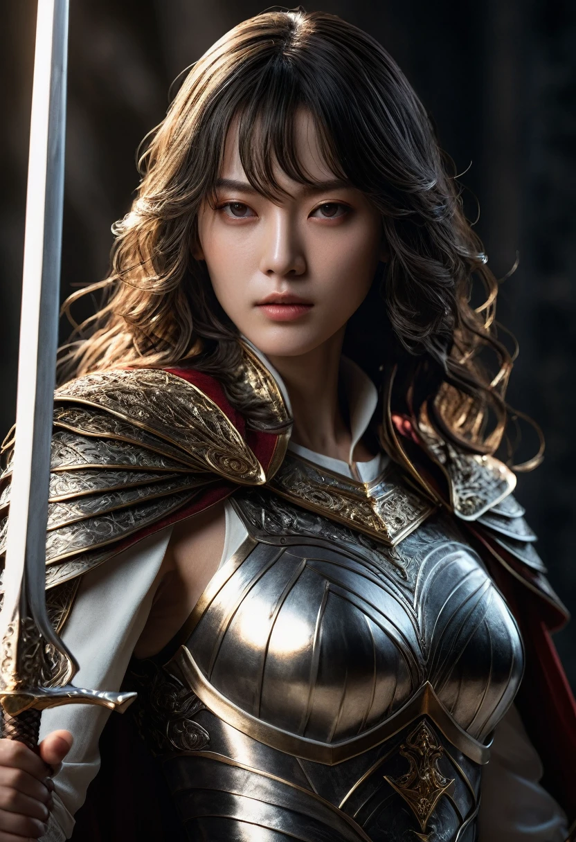 genius idol Akechi, long hair, black hair, subtle makeup, golden hour, photorealistic, high contrast, 8k HD, detailed, hyper-detailed, realistic skin texture, tiny breast, arm, hand, spear, ((She grabbed her (sword))), best quality, ultra high res, raw photo, dramatic lighting, unreal engine, diffuse glow intricate silver eaba, white imperial cape, no helm, intricate details High Quality, 8k, Realistic, Ultra-Detailed, Dramatic Lighting, Soft Focus, Digital Illustration, Intense Expression, Strong Gaze, Intense Emotion, Complex Mechanics, Advanced Technology, Dark Background, Cinematic, High Contrast, Moody, Strict, Atmosphere, (Best Quality, 4k, 8k, High Definition, Masterpiece: 1. 2 ), ultra-detailed, (realistic, graphic, photorealistic:1.37) --no glass