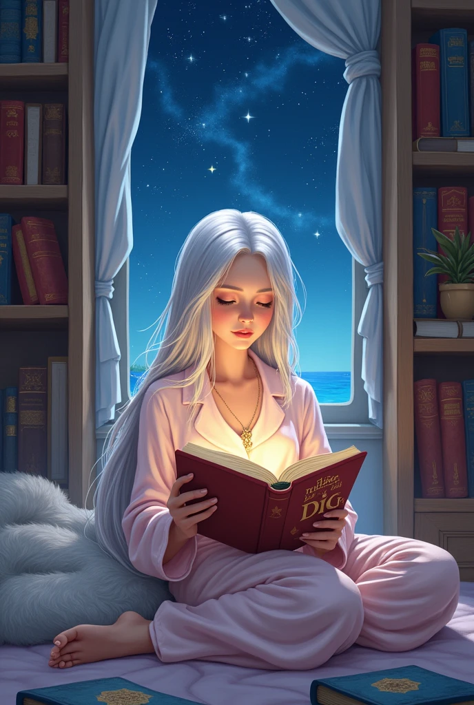 ((Highest quality)), ((masterpiece)), (detailed), One person, Long white hair、pajamas、Picture book reading、In the background there is a bookshelf and a starry sky、Fantasy、Fantasy、Healing、relax