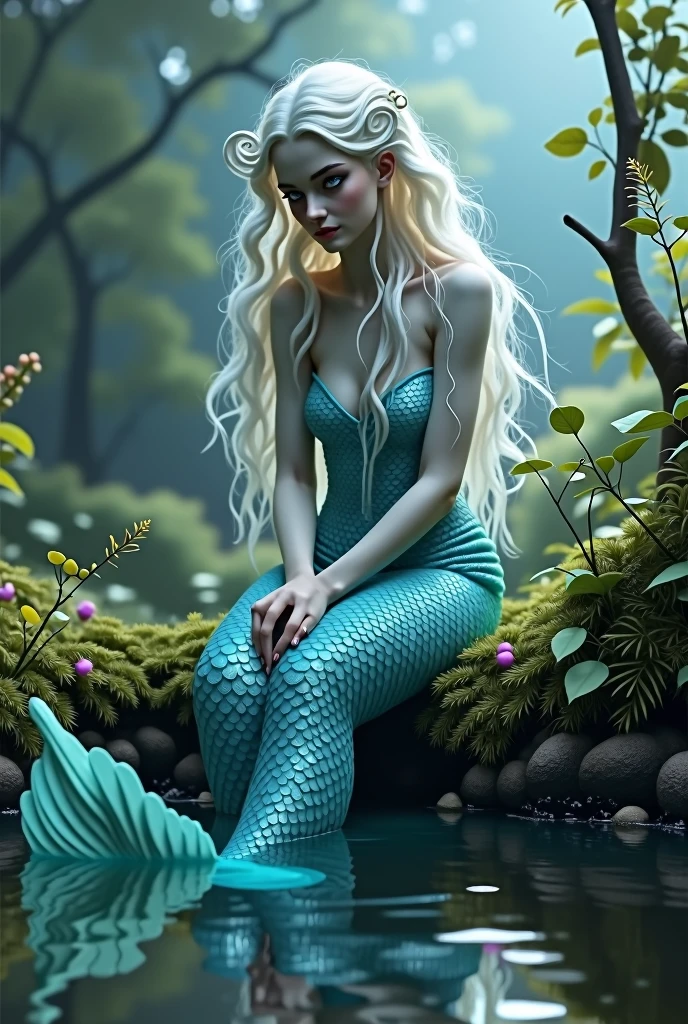 ((best quality)), ((masterpiece)), (detailed), perfect face, a beautiful mermaid with white hair and sky blue reflection, she has sky blue eyes, her scales are sky blue. She is sitting on a hill, under this hill there is a swamp. Down her there is a swamp.