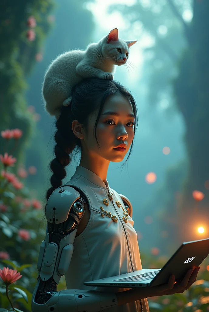 Take acer on adventure,Acer notebook main point, close-up portrait of woman while holding acer notebook, robot asian girl have body like minotuar, surrealist, high quality, cinematic, low-key, galaxy paradise fall in background, jungle flower in foreground, film grain filter, a little cat on head, bloom, (lens flare), (8k, RAW, professional, best quality, masterpiece:1.2), (realistic,photorealistic:1.37), ultra-detailed, (24mm portrait wide angle), (anamorphic lens), (((panning shot))), (motion blur), (highest detailed skin:1.2), (highest detailed face:1.2), cinematic lighting, ), night time, flash light, warm white light,