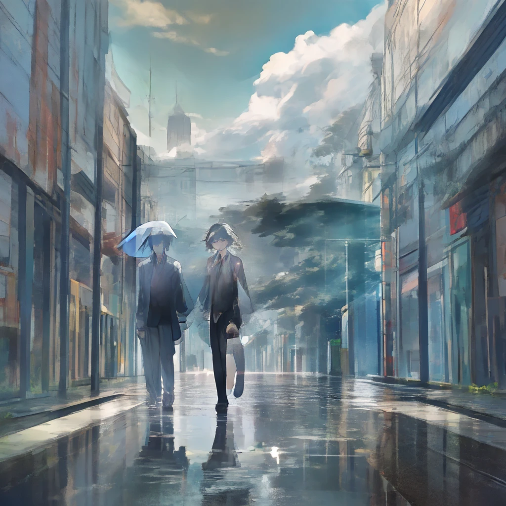 ,A young couple walking hand-in-hand, holding a transparent umbrella, wearing school uniforms, on a sunlit street with a modern school building in the background, clear blue sky with scattered clouds, shadows on the wet pavement, green trees lining the walkway, anime style, warm and peaceful atmosphere, subtle reflections on the ground, soft and bright color palette.
