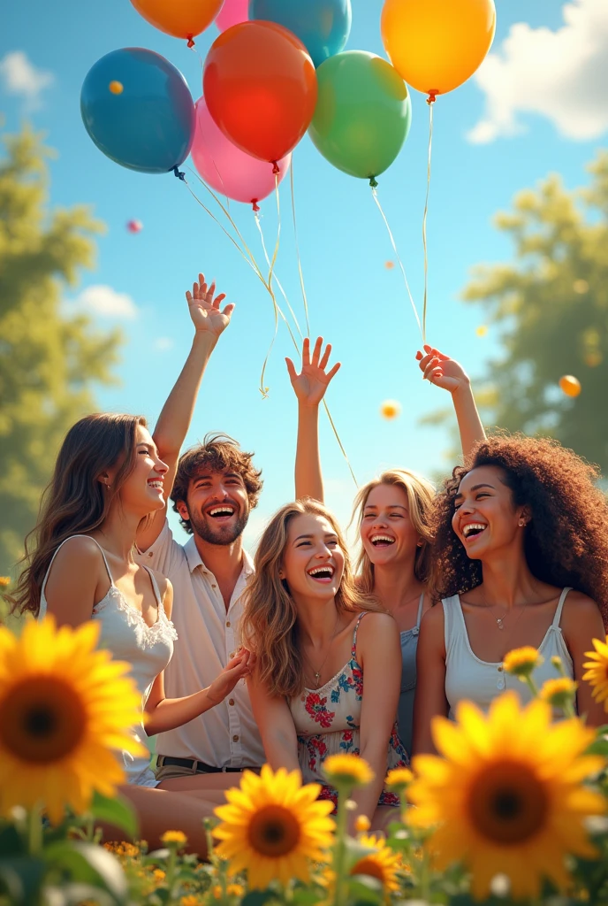 A group of friends(3girls and 2boys) laughing together, bright sunflowers, or colorful balloons being released into the sky.